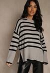Szaro-Czarny Sweter Oversize w Paski Kalitusa
