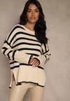 Kremowo-Czarny Sweter Oversize w Paski Kalitusa