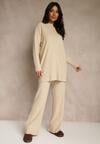 Beżowy Komplet Prążkowany z Bawełną Sweter Oversize i Szerokie Spodnie Wedorena