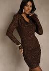 Brązowa Cekinowa Sukienka Elegancka o Dopasowanym Kroju z Dekoltem Woda Silweda