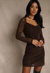 Brązowa Dopasowana Sukienka z Koronki z Kwadratowym Dekoltem Uwedia