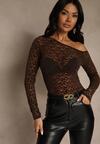Brązowa Bluzka Longsleeve z Koronki z Asymetrycznym Dekoltem Liwedisa