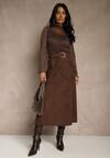 Brązowa Spódnica z Wiskozy z Bawełną z Imitacji Zamszu z Paskiem Oliweda