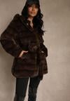 Brązowa Kurtka Futrzana z Nieodpinanym Kapturem Ozdobiona Paskiem Zetelia