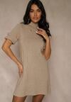 Beżowa Sukienka Sweterkowa o Trapezowym Kroju z Perełkami Liatusea