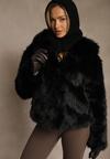 Czarna Kurtka Futerko z Nieodpinanym Kapturem Vetisala