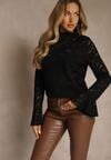 Czarna Bluzka z Koronki ze Stójką i Falbankami przy Rękawach Nemira