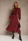 Bordowa Romantyczna Sukienka z Bufiastymi Rękawami i Falbanką z Koronki Sewmira