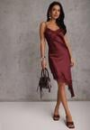 Bordowa Satynowa Sukienka Asymetryczna z Koronką Monoria