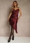 Bordowa Satynowa Sukienka Asymetryczna z Koronką Monoria
