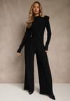 Czarny Elegancki Komplet Spodnie Wide Leg i Bluzka z Poduszkami w Ramionach Sewinea