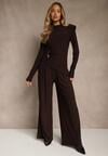 Brązowy Elegancki Komplet Spodnie Wide Leg i Bluzka z Poduszkami w Ramionach Sewinea
