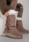 Jasnobrązowe Botki Śniegowce z Wywiniętą Cholewką Zdobioną Frędzlami Sewela