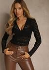 Czarna Bluzka Longsleeve z Koronki z Dekoltem w Kształcie Litery V Lerafera