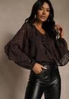 Brązowa Koronkowa Bluzka z Falbankami Sewrana