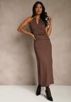 Brązowa Wieczorowa Sukienka Halter z Odkrytymi Plecami Sewsara