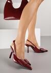 Bordowe Szpilki Slingback z Lakierowanym Połyskiem Zdobione Kokardą Sewlira