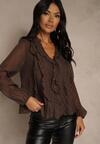 Brązowa Koszulowa Bluzka z Dekoltem V i Falbankami Calomia