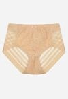 Beżowe Siateczkowe Majtki Figi High Waist z Koronkowymi Zdobieniami Heylih