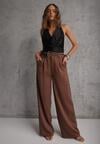 Brązowe Spodnie Szerokie z Dodatkiem Bawełny High Waist z Metaliczną Klamrą Azaerixis