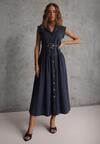 Granatowa Bawełniano-Wiskozowa Sukienka Koszulowa Bez Rękawów z Paskiem Athithoe
