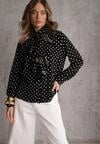 Czarna Falbaniasta Koszula z Wiskozy w Kropki ze Stójką Aegista