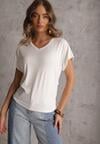 Biały Wiskozowy T-shirt z Dekoltem V Eupharis