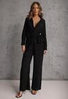 Czarny Komplet z Wiskozy Spodnie Szerokie i Koszula z Ozdobnym Materiałem Airial
