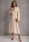 Beżowa Koszulowa Sukienka z Wiskozy z Asymetrycznym Drapowaniem i Guzikiem Hetasa