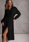 Czarna Koszulowa Sukienka z Wiskozy z Asymetrycznym Drapowaniem i Guzikiem Hetasa