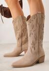 Ciemnobeżowe Ażurowe Botki Kowbojki na Stożku z Imitacji Zamszu Hephiane