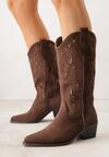 Brązowe Ażurowe Botki Kowbojki na Stożku z Imitacji Zamszu Hephiane