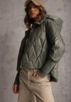 Zielona Pikowana Kurtka z Kapturem z Materiałem na Rękawach Grigoria