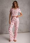 Różowy Elastyczny Komplet Piżamowy w Serduszka Spodnie i Top Isle