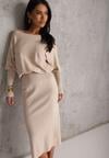 Beżowa Nietoperzowa Sukienka z Dzianiny z Wiskozą z Dekoltem w Łódkę Yuzoma