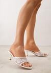 Białe Siateczkowe Klapki na Metalicznej Szpilce z Imitacją Pereł i Haftem w Kwiaty Polia