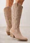 Beżowe Ażurowe Kozaki Typu Kowbojki na Stożkowym Obcasie Antastus