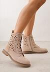 Beżowe Skórzane Botki z Ażurowym Wzorem Kasona