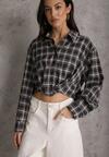 Czarna Koszula z Bawełny Typu Crop w Kratę Ozdobiona Marszczeniem Risettes