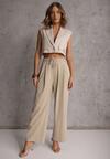 Beżowe Szerokie Spodnie Wiskozą Bawełną i Elastyczną Talią ze  Sznurkiem Arkinae