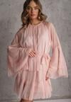 Różowa Eteryczna Sukienka z Falbanami i Wiązanym Paskiem w Talii Rivania