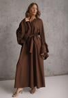 Brązowa Koszulowa Sukienka z Wiskozy Ozdobiona Paskiem i Falbanami Tinethra