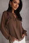 Brązowa Bluzka w Stylu Coquette z Falbankami i Wiązaniem przy Szyi Seathrina