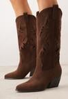 Brązowe Ażurowe Kozaki Kowbojki na Obcasie typu Stożek Tidrina