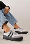 Biało-Szare Sneakersy ze Skóry Naturalnej na Platformie z Perforacją  i Paskami Urevla
