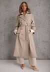 Beżowy Płaszcz Trencz z Bawełny i Wiskozy z Wiązanym Paskiem i Klapą Lissien