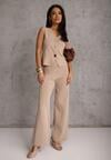 Jasnobrązowy Komplet z Wiskozą Szerokie Spodnie i Kamizelka z Aplikacjami 3D Hirimi