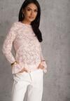 Różowa Bluzka z Koronki Ozdobiona Rozkloszowanymi Rękawami i Falbanką na Dole Sanovia