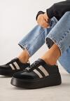 Czarno-Beżowe Sneakersy na Platformie ze Skóry Naturalnej Ozdobione Paskami Sovimi