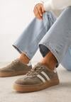 Ciemnobeżowe Sneakersy Typu Tenisówki z Zamszu Naturalnego Ozdobione Paskami Tarinella